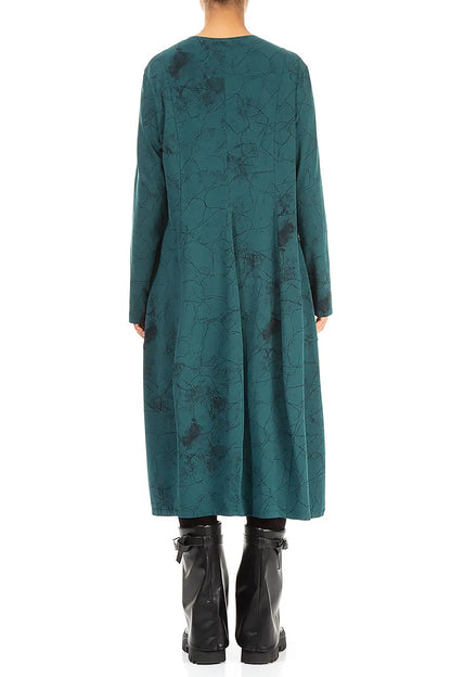 Long Sleeves V-Neck Peacock Marble Cotton Dress 2