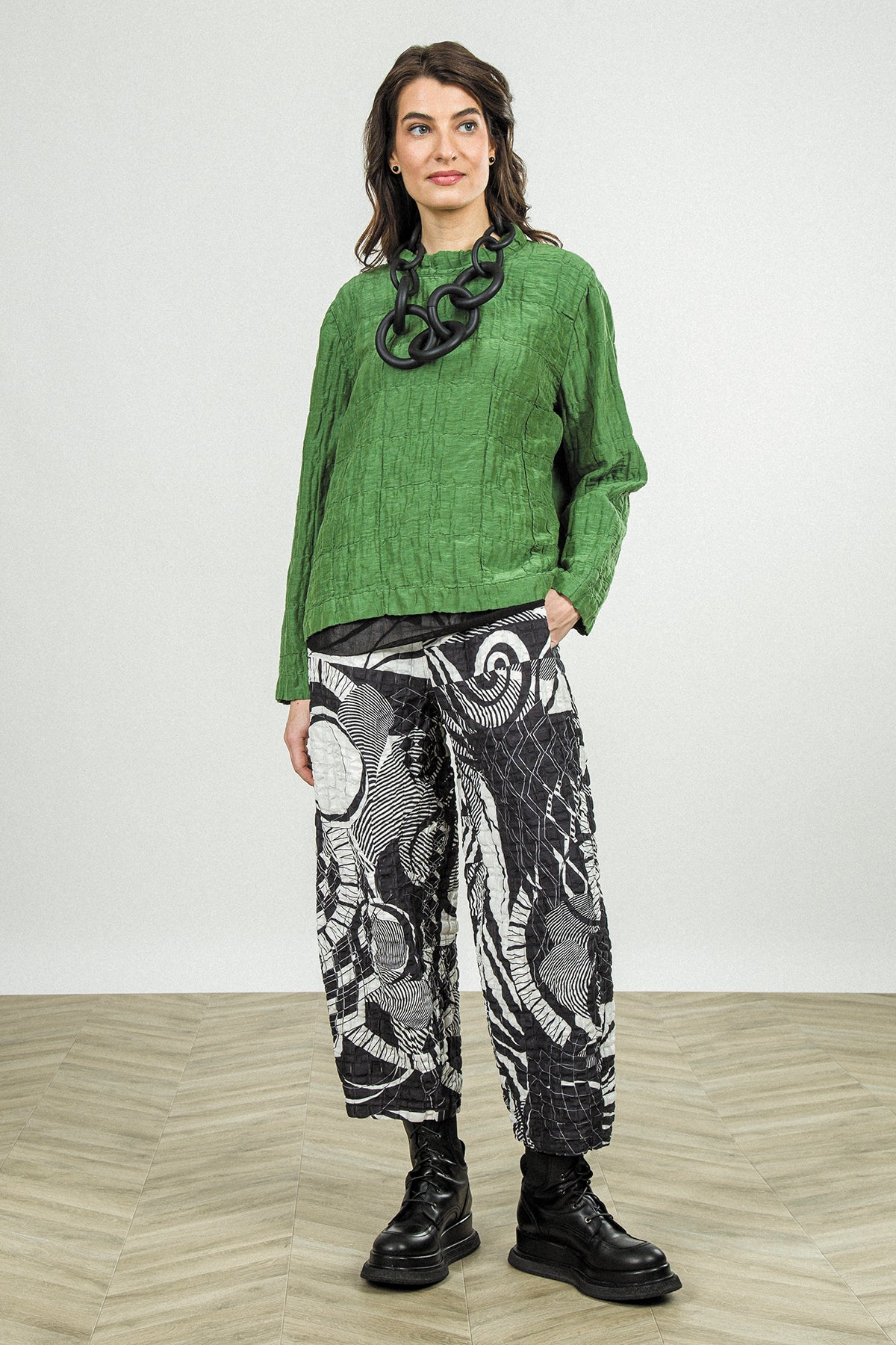 Shamrock Green Pleated Silk Linen Blouse