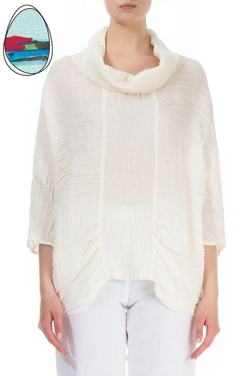 Cowl Neck Crinkled Off White Silk Blouse