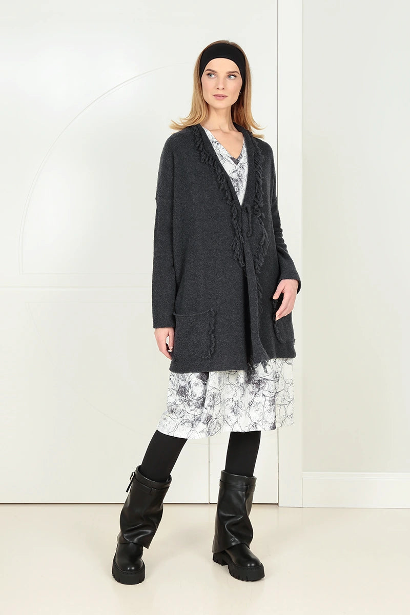 Fringed Dark Grey Wool Cardigan 6