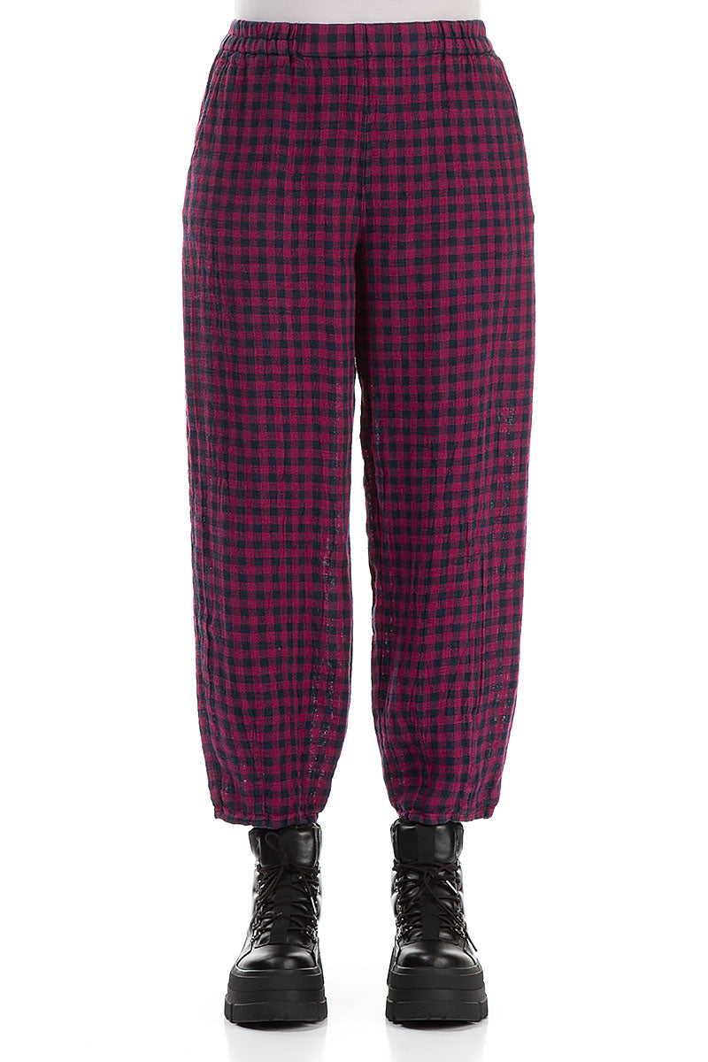 Magenta Check Linen Pencil Trousers