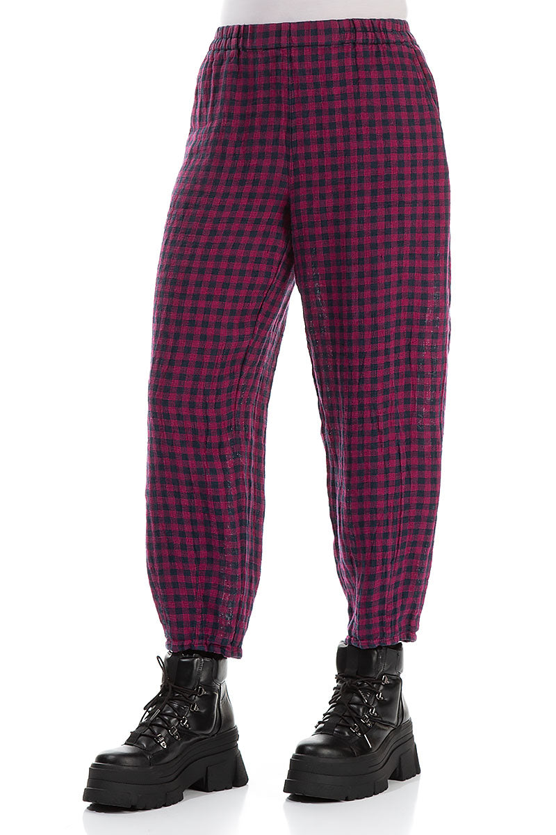 Magenta Check Linen Pencil Trousers 3