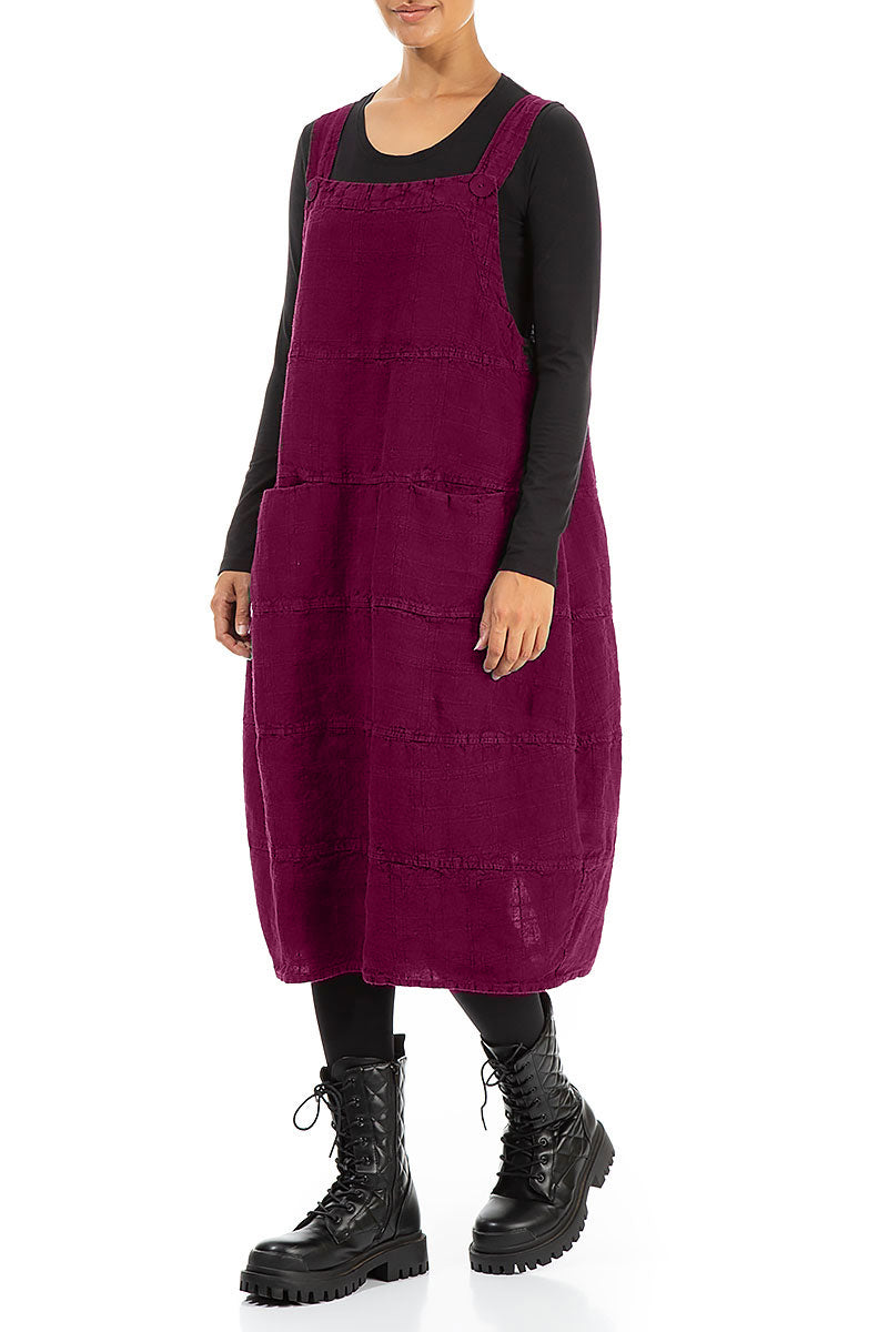 Magenta Patterned Linen Dungaree Dress