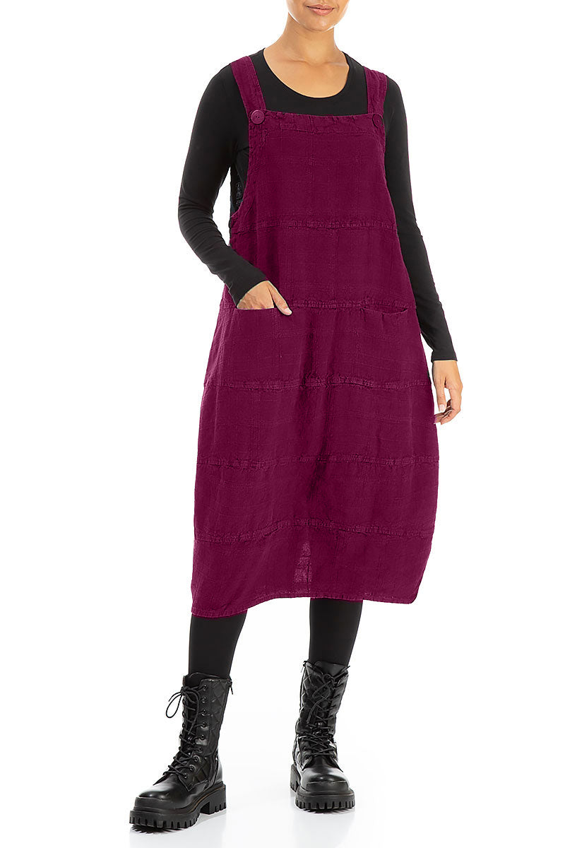 Magenta Patterned Linen Dungaree Dress