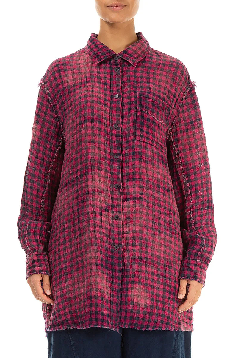 Magenta Watercolour Check Linen Shirt 1