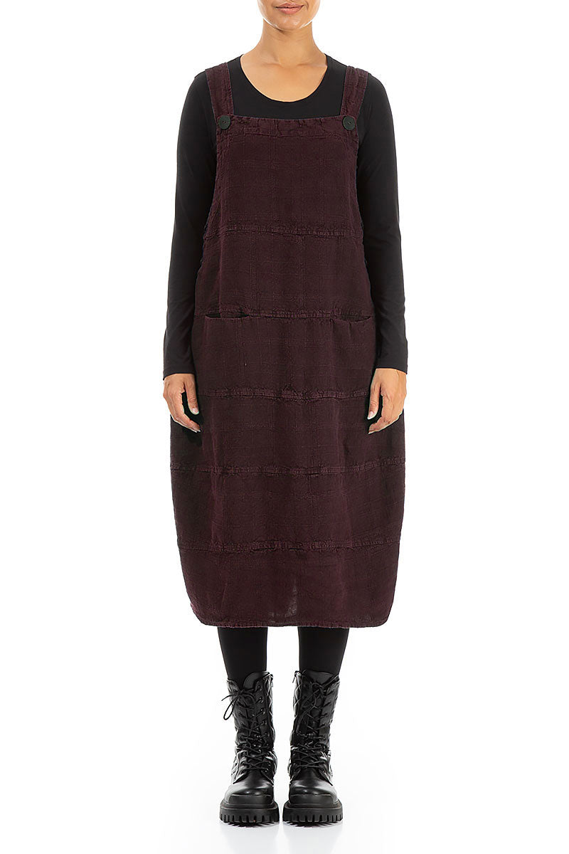 Maroon Patterned Linen Dungaree Dress