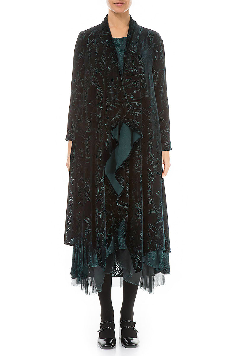 Maxi Open Emerald Devoré Feather Silk Velvet Jacket