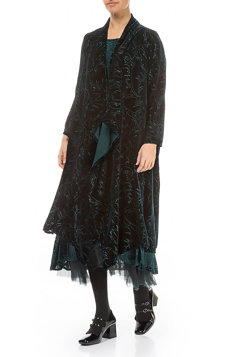 Maxi Open Emerald Devoré Feather Silk Velvet Jacket