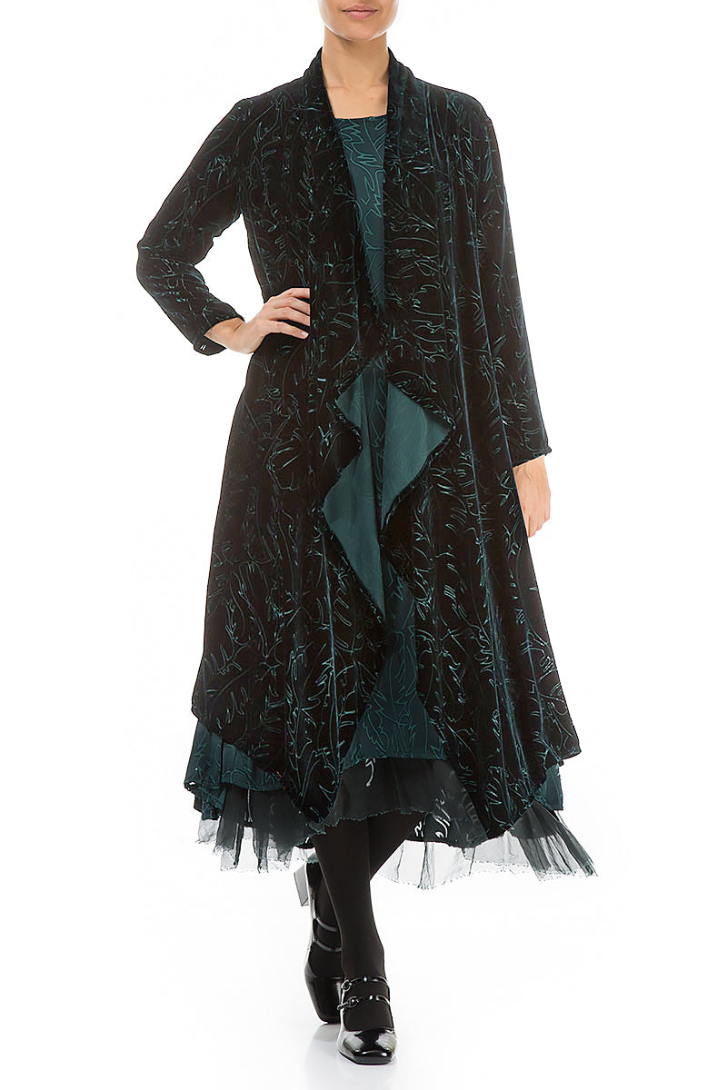 Maxi Open Emerald Devoré Feather Silk Velvet Jacket