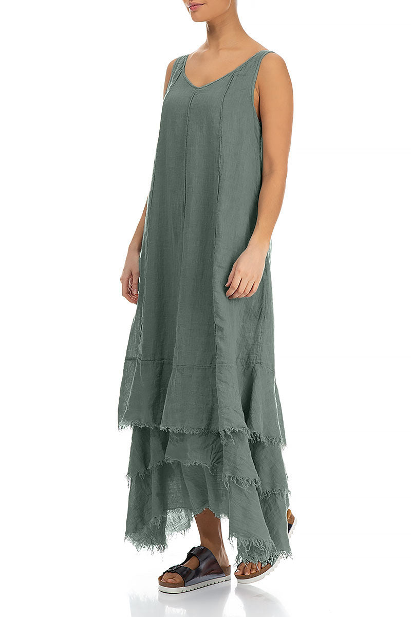Maxikleid aus Leinen und Gaze in Salbeigrün