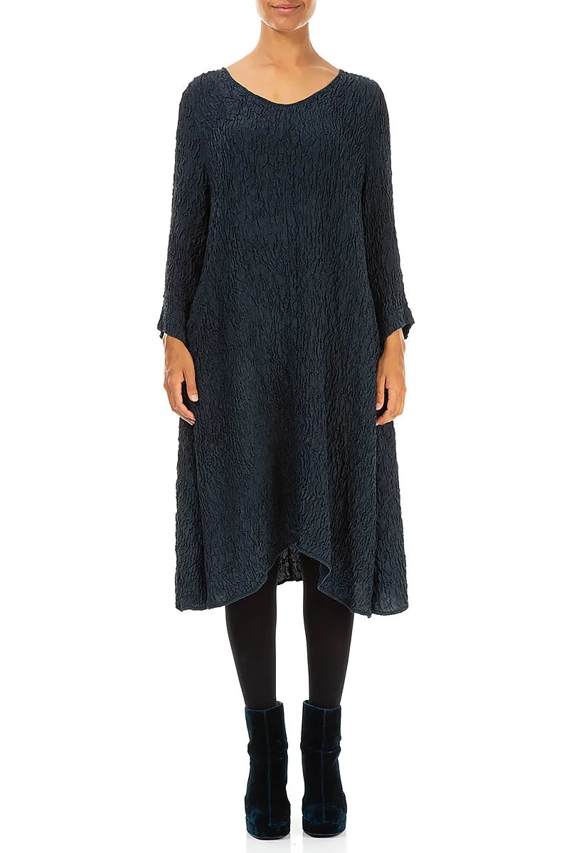 Midi Crinkled Navy Silk Dress 1