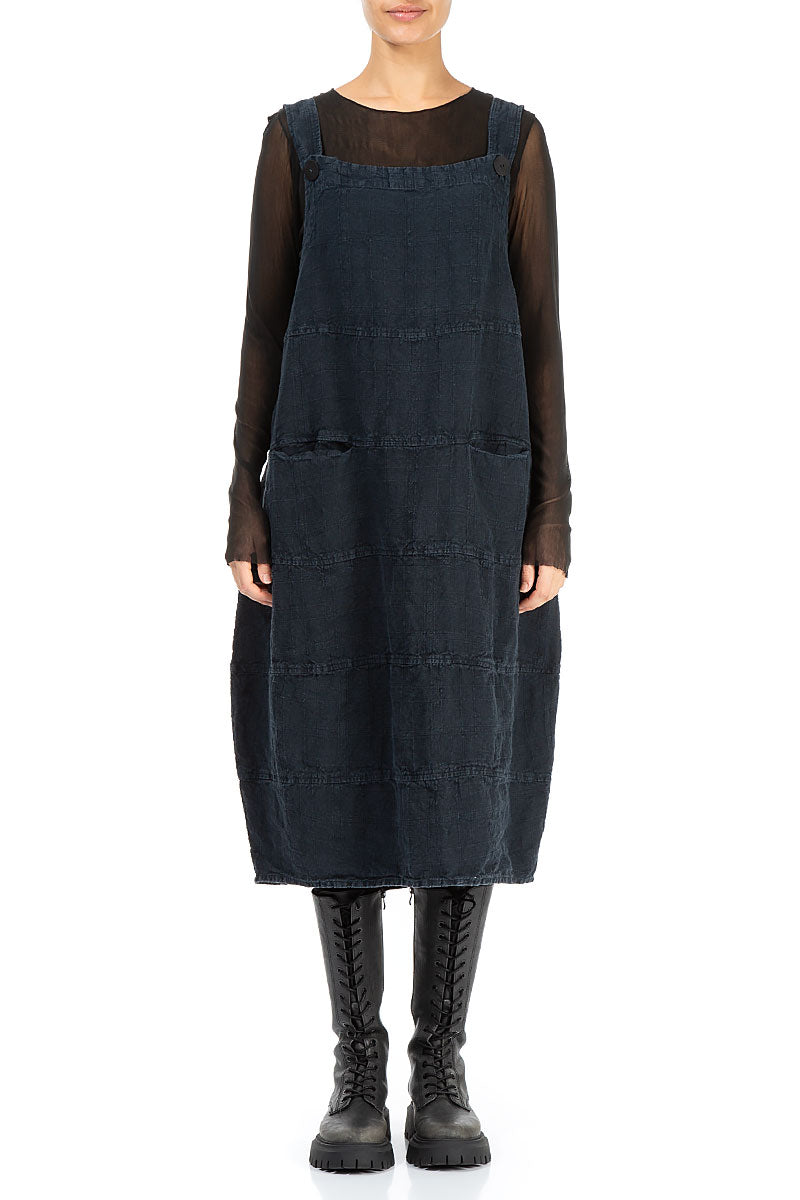 Midnight Blue Patterned Linen Dungaree Dress