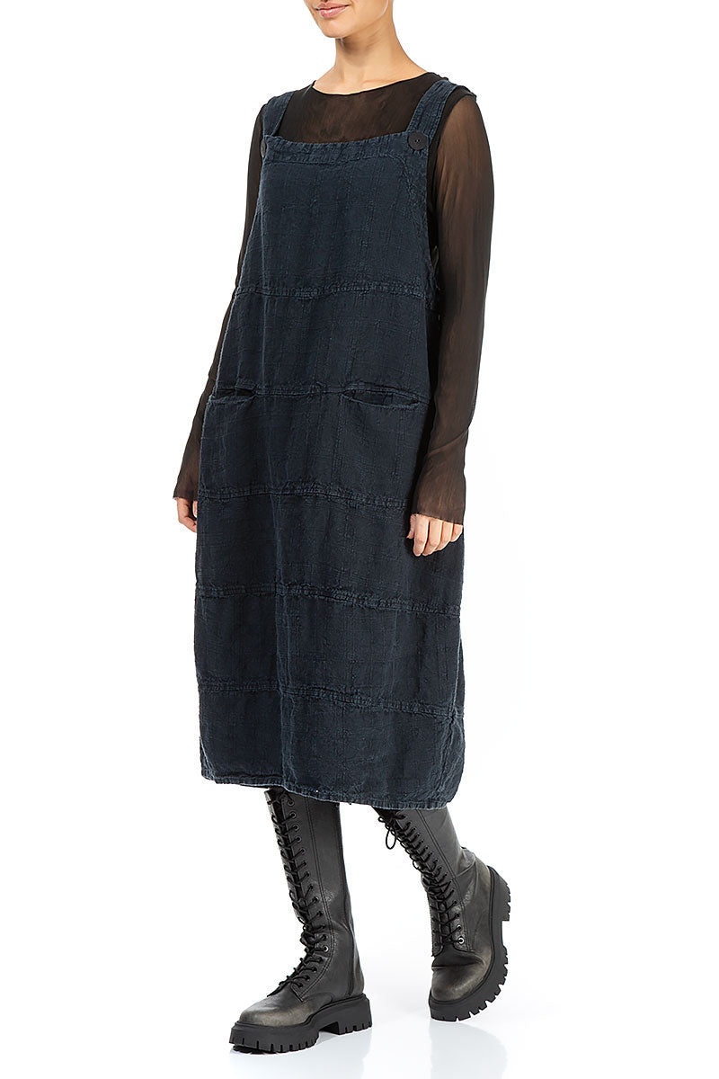 Midnight Blue Patterned Linen Dungaree Dress