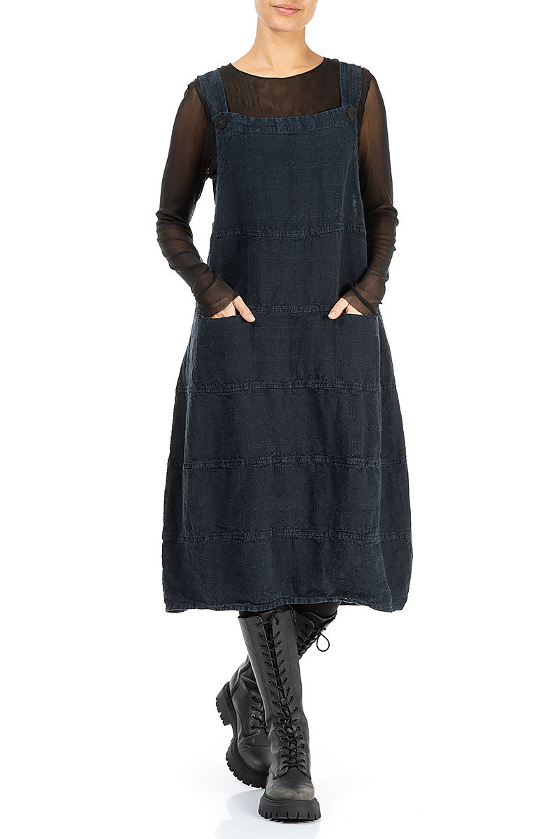 Midnight Blue Patterned Linen Dungaree Dress