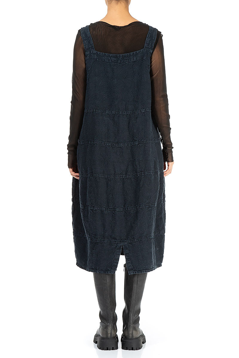 Midnight Blue Patterned Linen Dungaree Dress