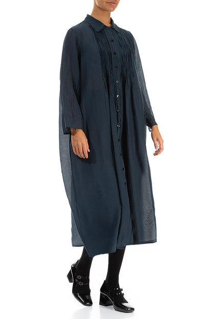 Midnight Blue Pintuck Silk Cotton Jacket Dress