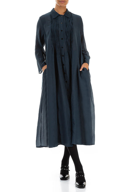 Midnight Blue Pintuck Silk Cotton Jacket Dress