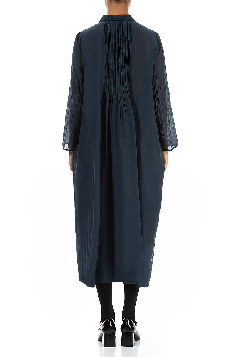 Midnight Blue Pintuck Silk Cotton Jacket Dress