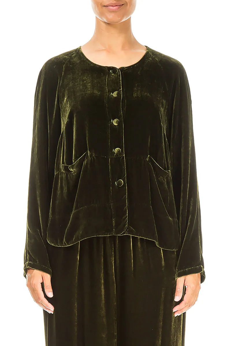 Minimal Button Forest Mist Silk Velvet Jacket