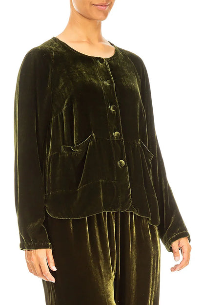 Minimal Button Forest Mist Silk Velvet Jacket 3
