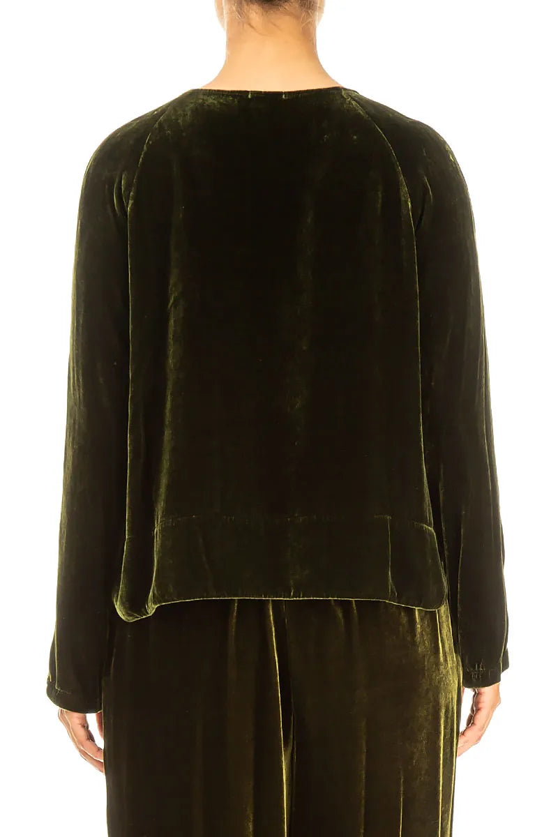 Minimal Button Forest Mist Silk Velvet Jacket