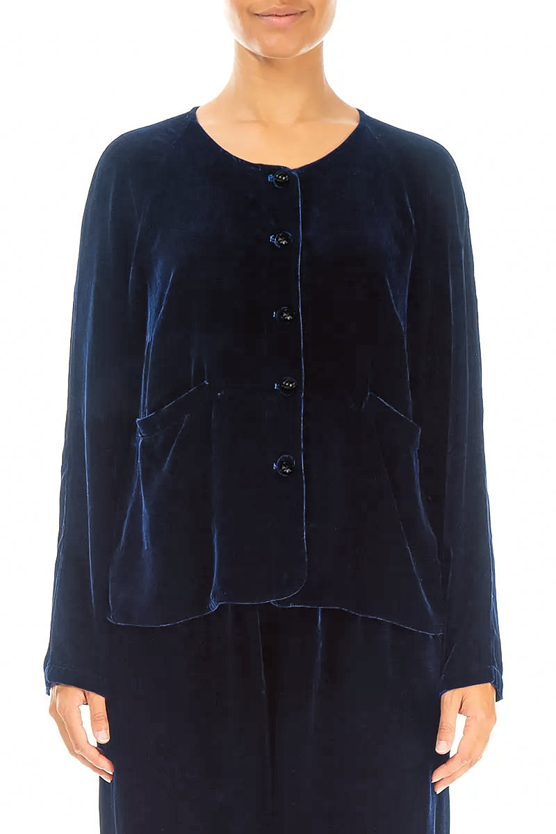Minimal Button Royal Blue Silk Velvet Jacket 1