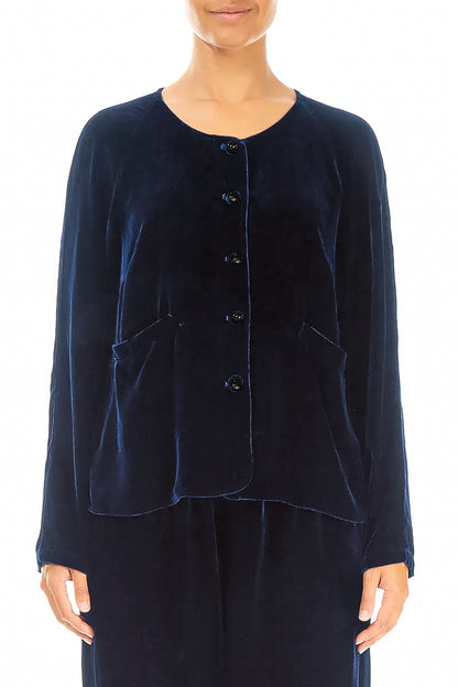 Minimal Button Royal Blue Silk Velvet Jacket 1