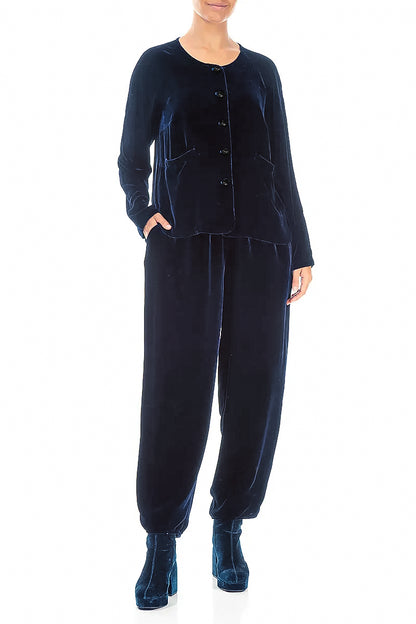 Minimal Button Royal Blue Silk Velvet Jacket 4