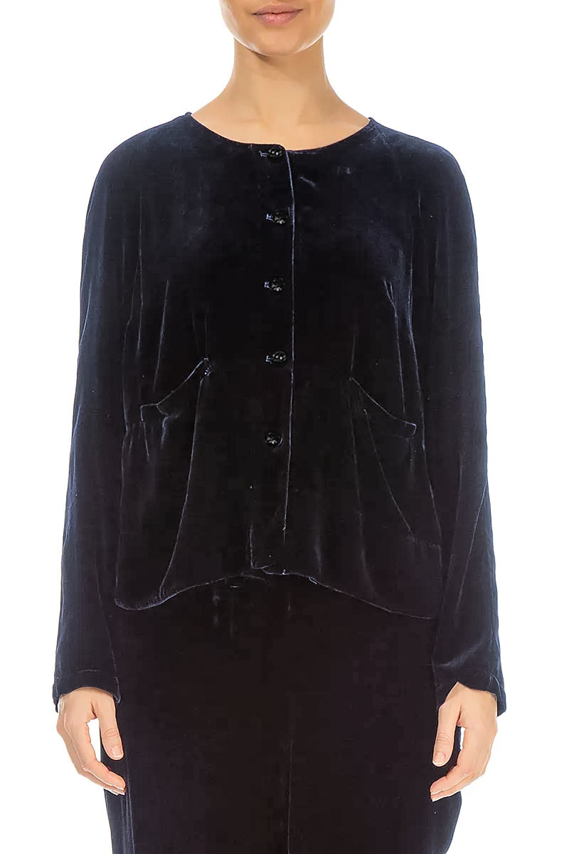 Minimal Button Slate Blue Silk Velvet Jacket 2