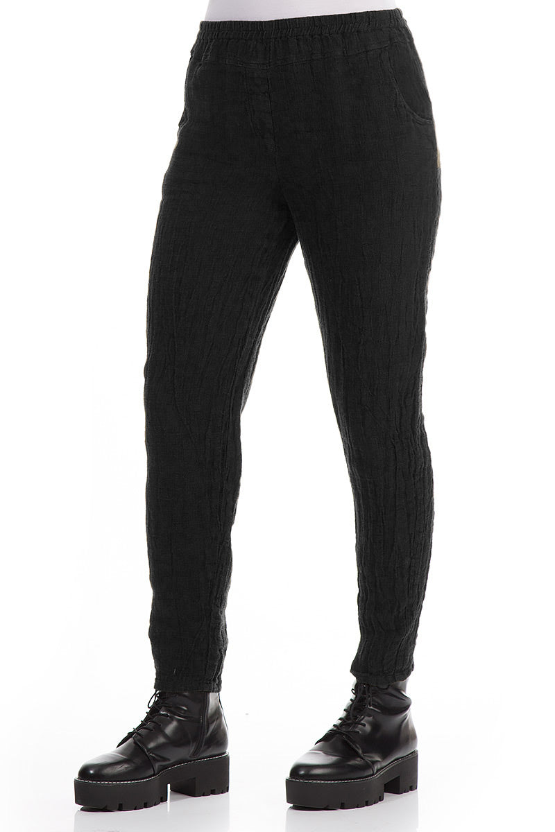 Narrow Black Mélange Linen Trousers