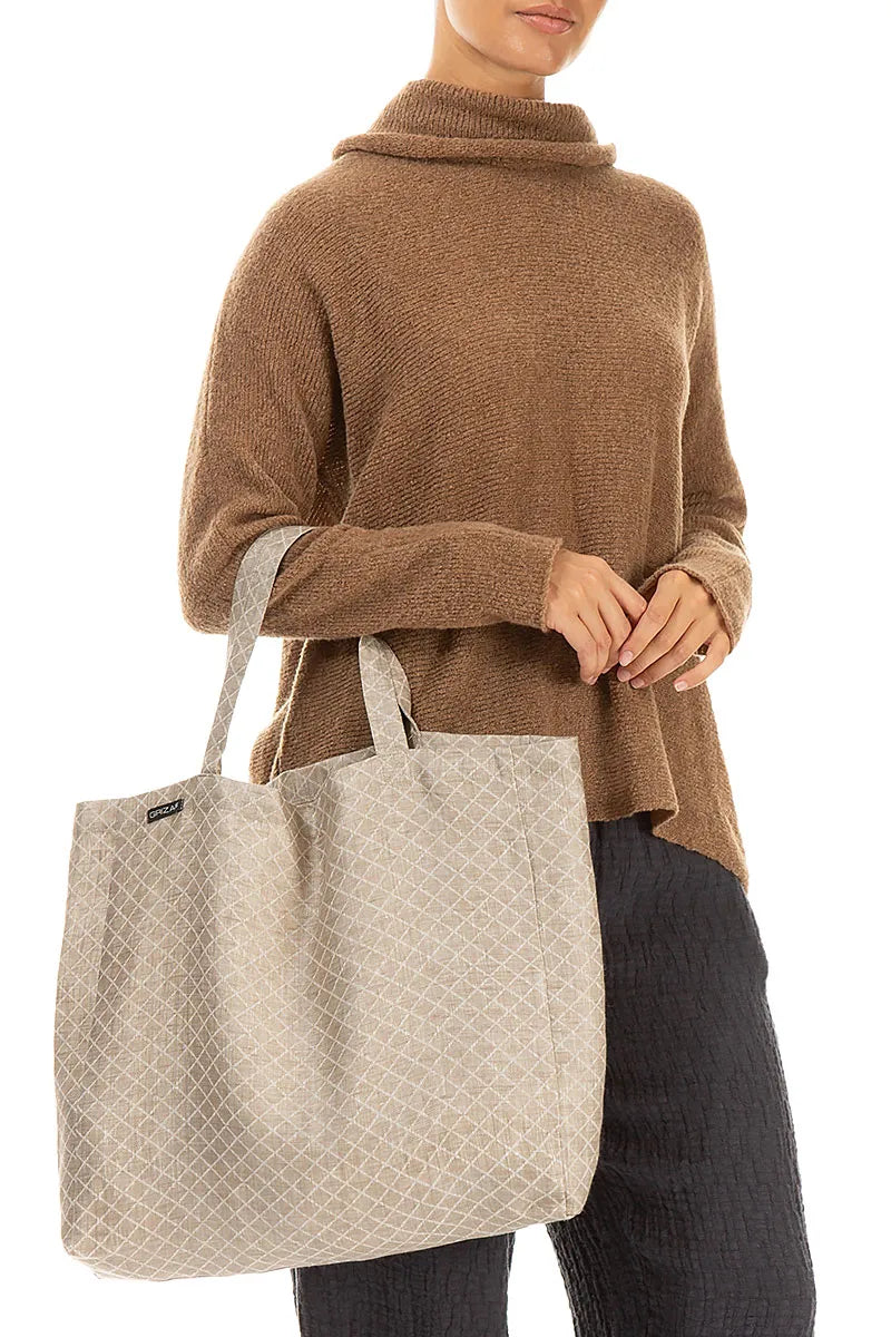 Sac cabas en lin à motif treillis naturel