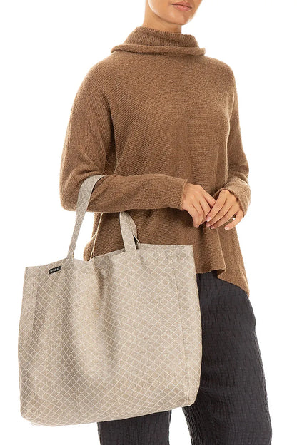 Sac cabas en lin à motif treillis naturel