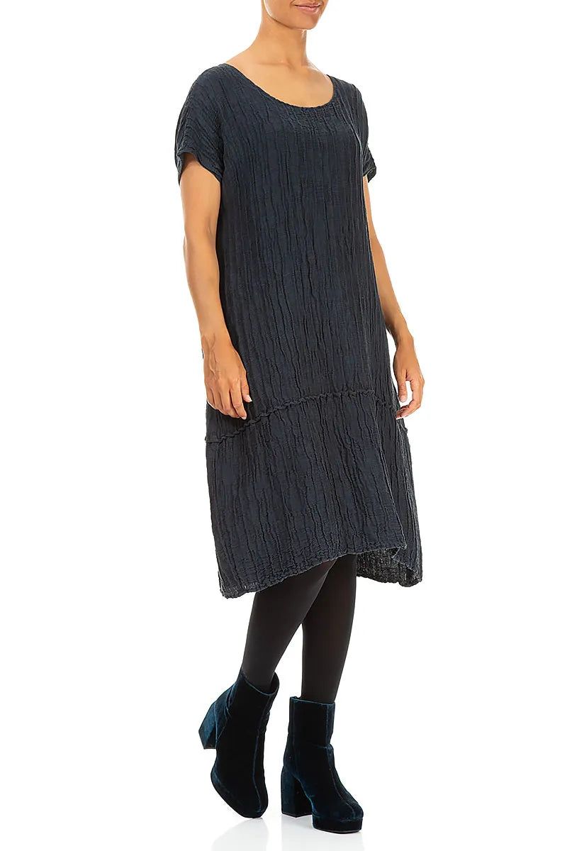 Navy Crinkled Silk Linen Dress 3