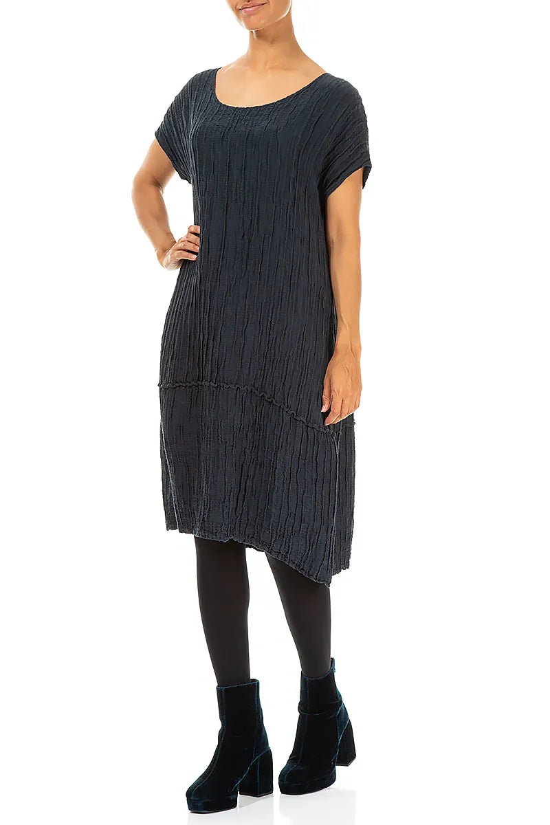 Navy Crinkled Silk Linen Dress 4