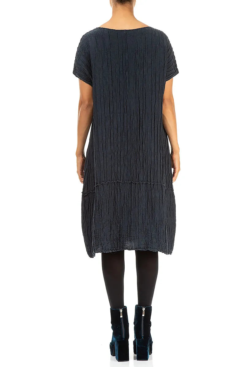 Navy Crinkled Silk Linen Dress 2