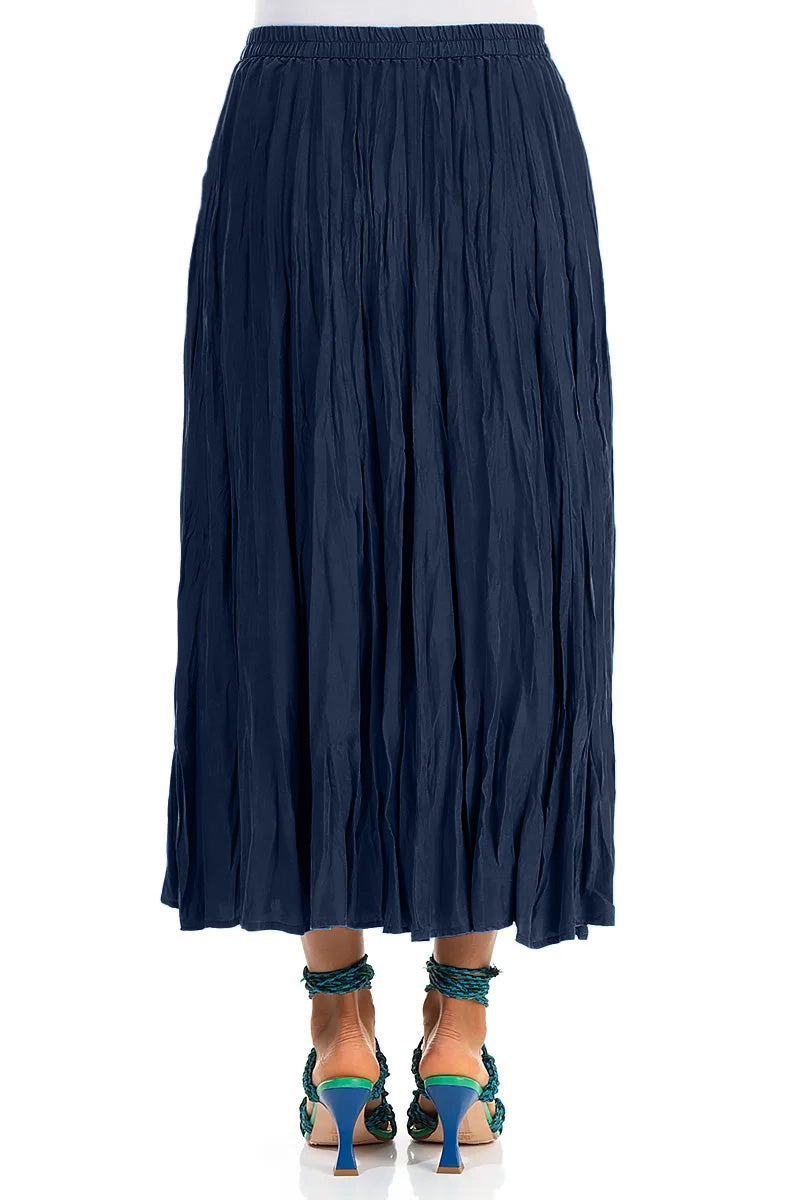 Navy Crumpled Pure Silk Skirt
