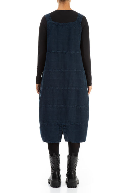 Midnight Blue Patterned Linen Dungaree Dress