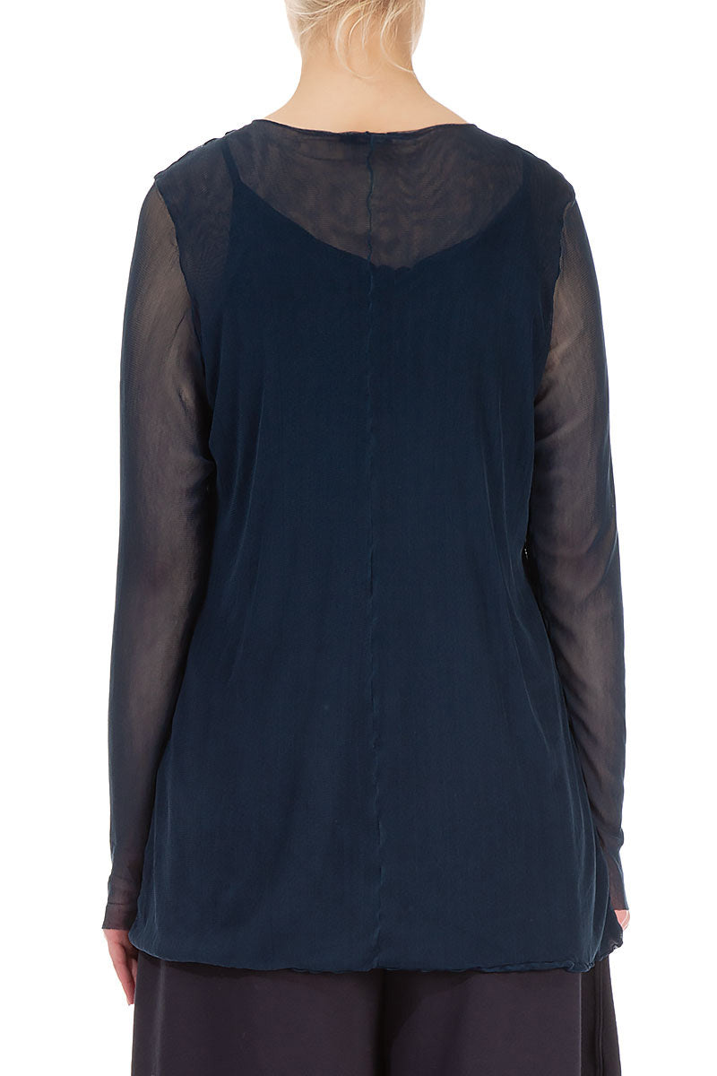 Navy Tulle Silk Blouse