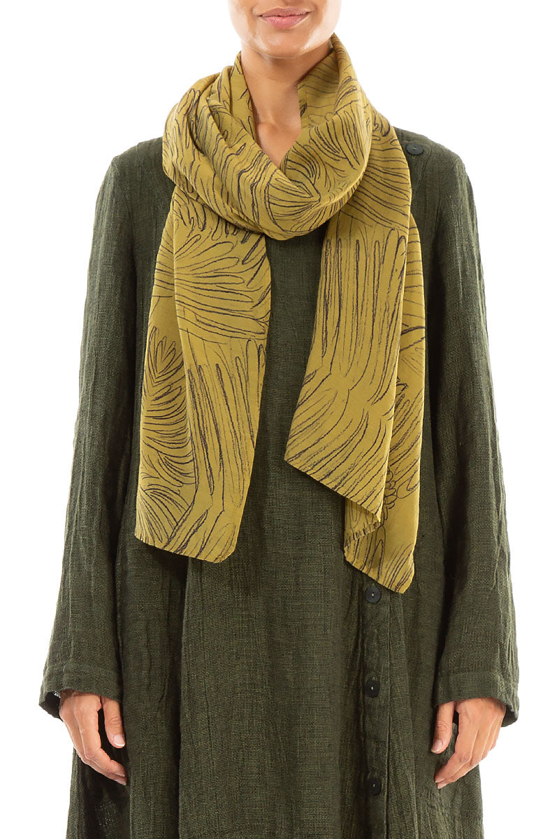 Olive Feathers Silk Cotton Scarf