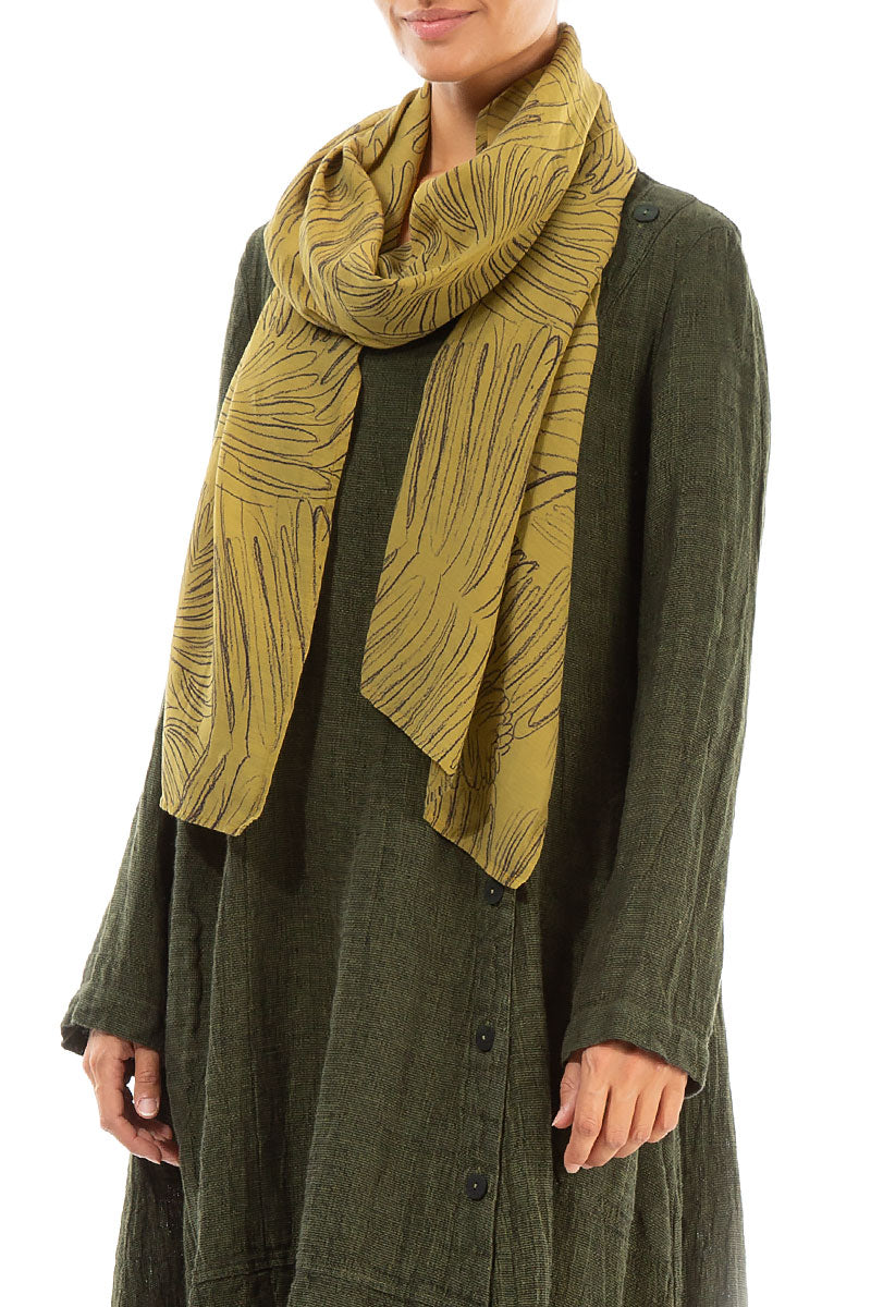 Olive Feathers Silk Cotton Scarf