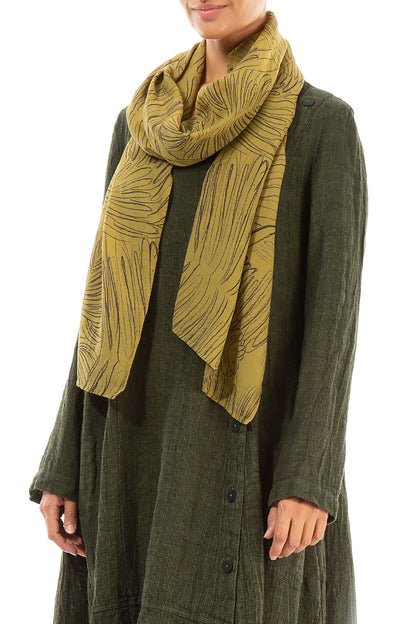 Olive Feathers Silk Cotton Scarf