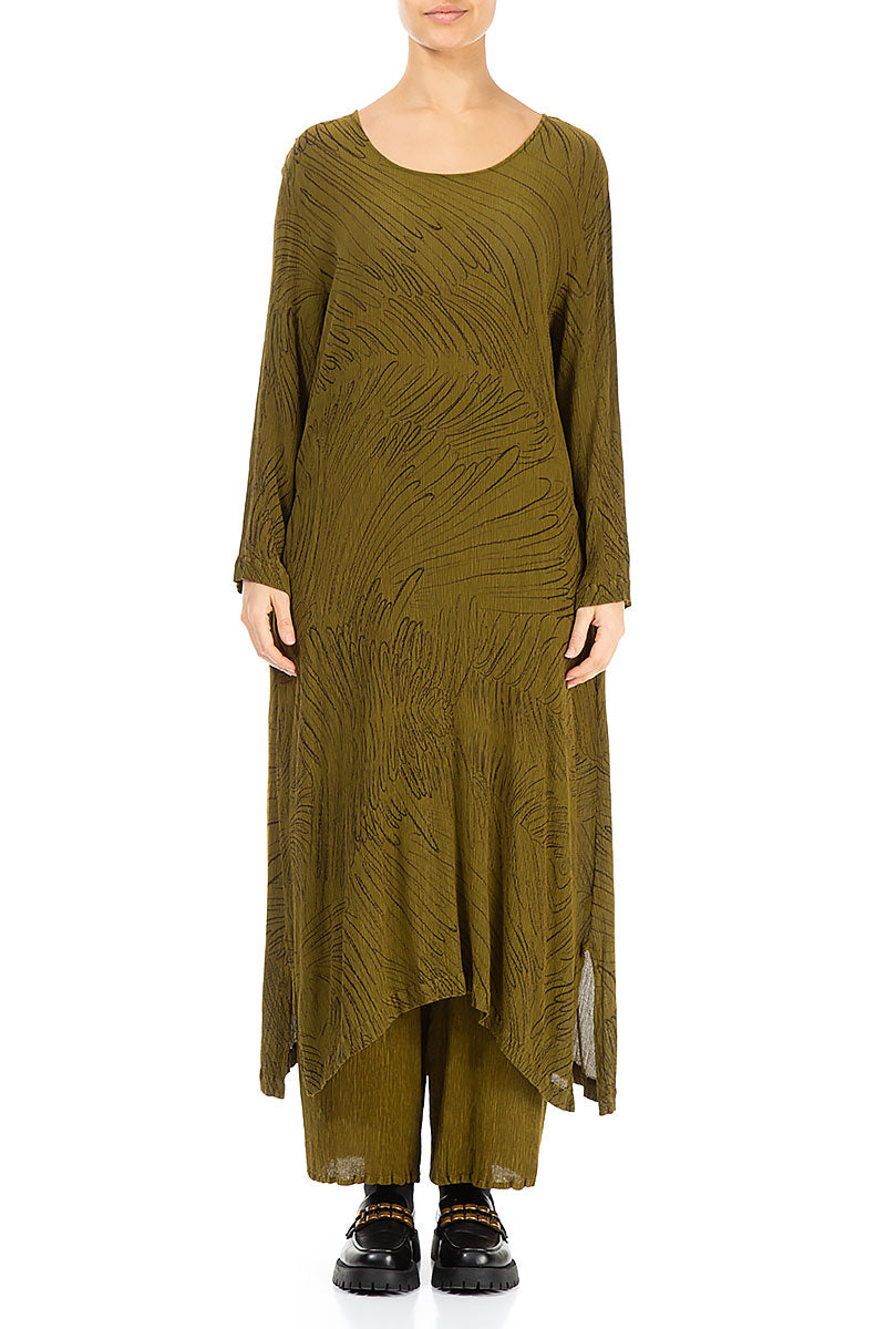 Olive Feathers Silk Viscose Shift Dress