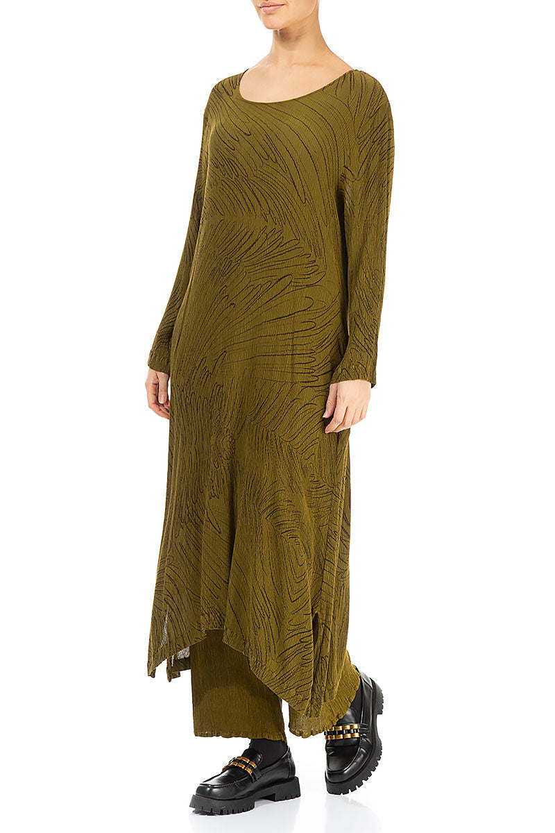 Olive Feathers Silk Viscose Shift Dress