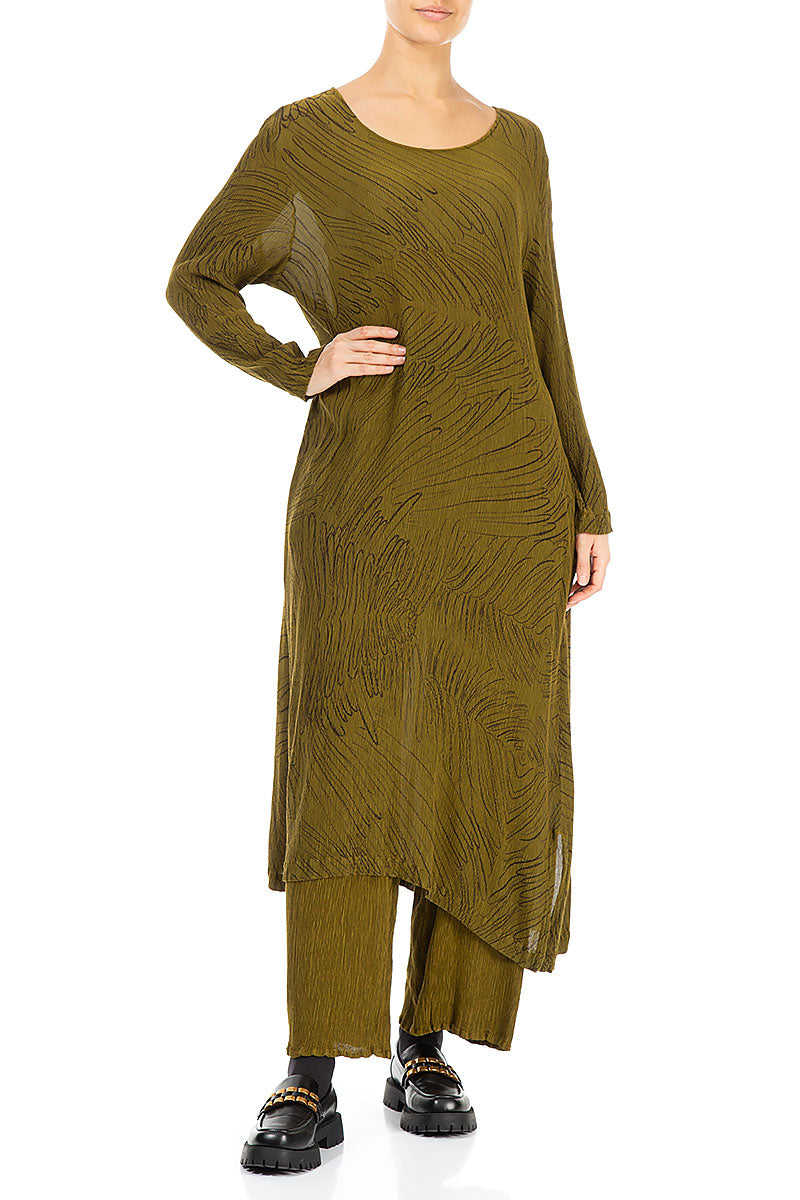 Olive Feathers Silk Viscose Shift Dress