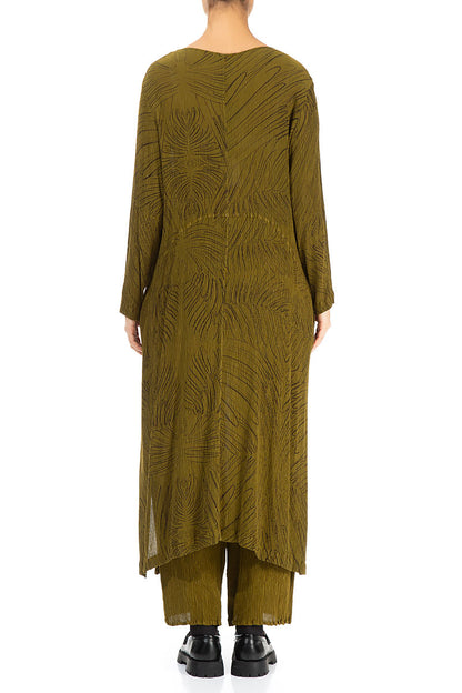 Olive Feathers Silk Viscose Shift Dress