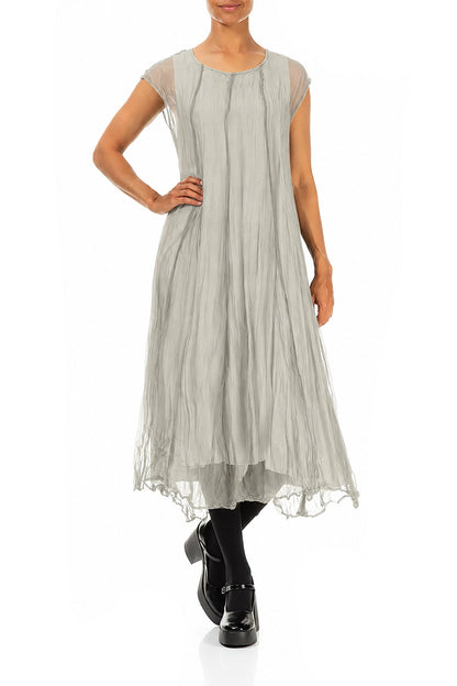 Olive Grey Crumpled Silk Chiffon Dress