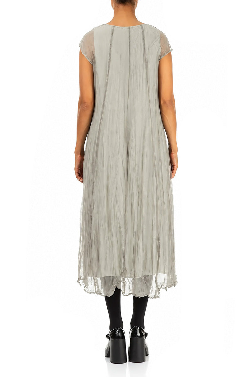 Olive Grey Crumpled Silk Chiffon Dress