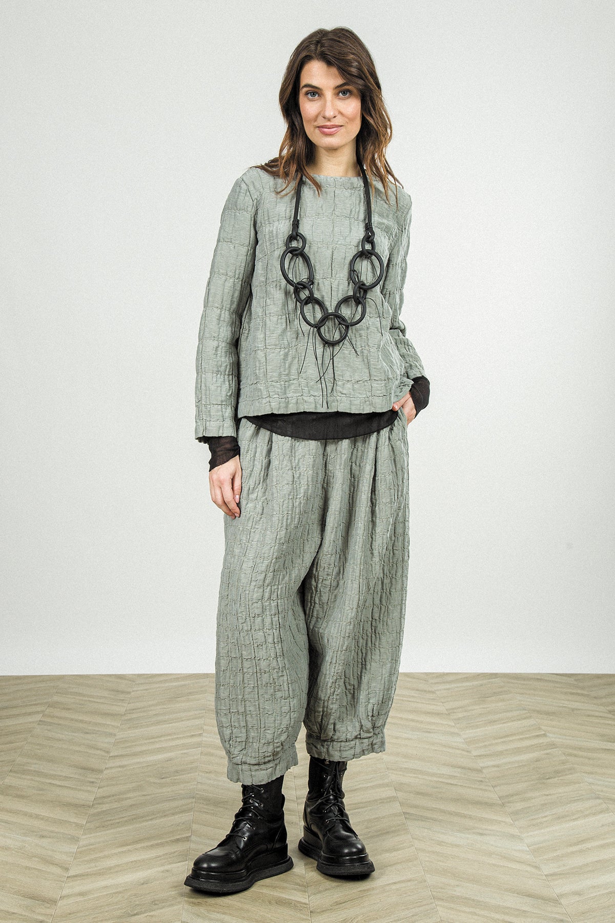 Olive Grey Pleated Silk Linen Blouse 6