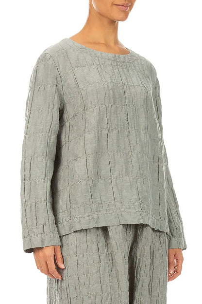 Olive Grey Pleated Silk Linen Blouse