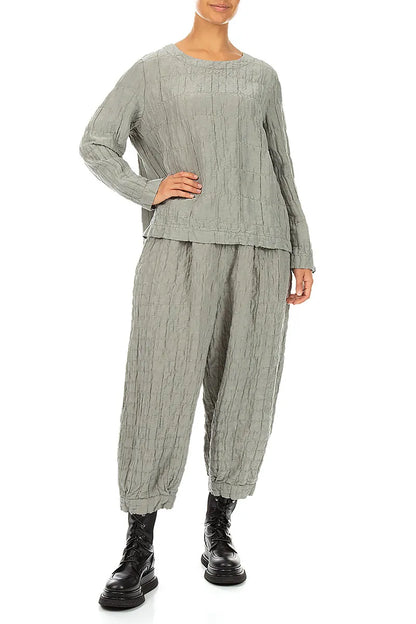 Olive Grey Pleated Silk Linen Blouse